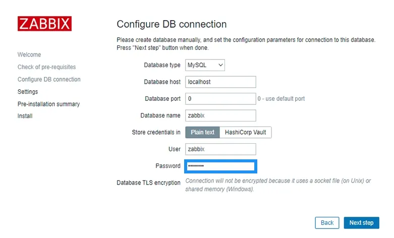 Hướng dẫn chi tiết cài đặt Zabbix 6.0 LTS trên Ubuntu 22.04: Tối ưu giám sát hệ thống hiệu quả 25 Cấu hình kết nối database: Tại đây bạn điền thông tin database bạn đã tạo ở bước trước
