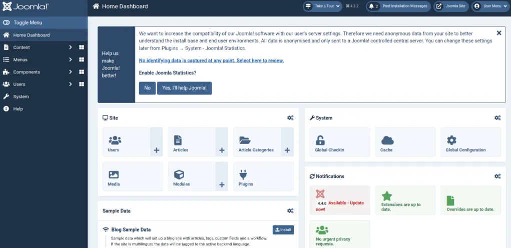 Cách cài đặt Joomla trên Ubuntu 22.04: Hướng dẫn chi tiết từ A đến Z cho người mới bắt đầu 41 Giao diện trang quản trị Joomla