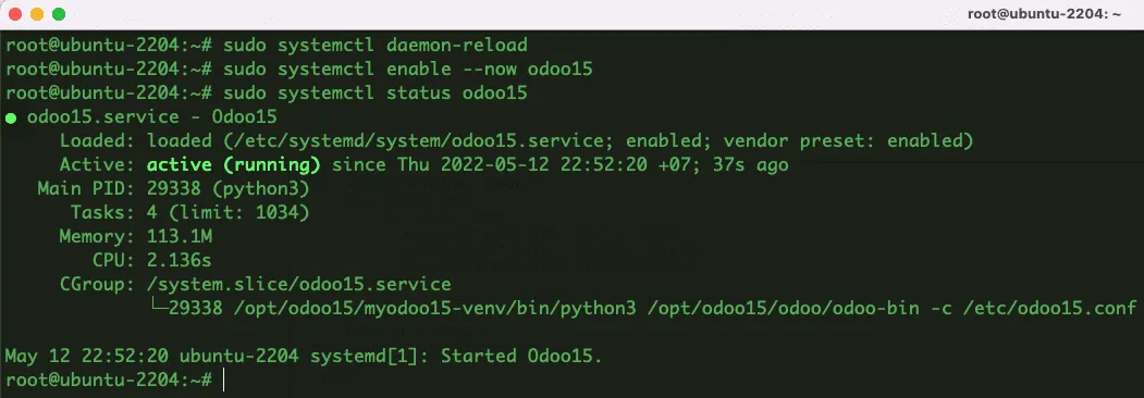 Hướng dẫn cài đặt Odoo 15 trên Ubuntu 22.04 chi tiết từ A đến Z 23 Kiểm tra trạng thái của dịch vụ