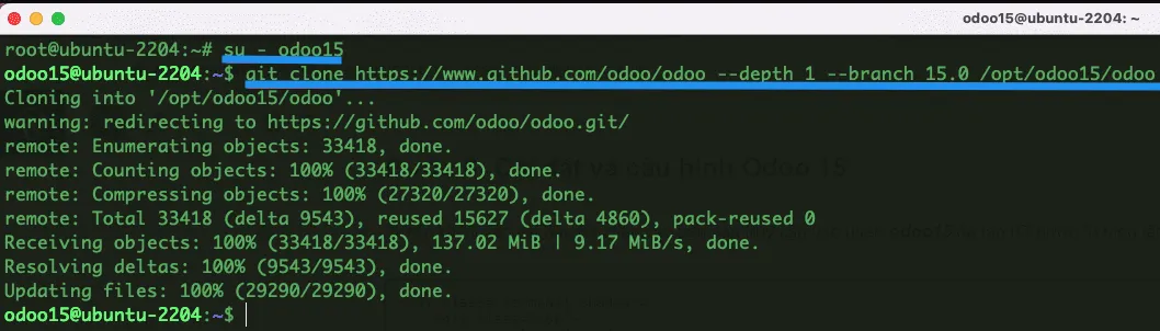 Hướng dẫn cài đặt Odoo 15 trên Ubuntu 22.04 chi tiết từ A đến Z 20 Tải source Odoo từ GitHub