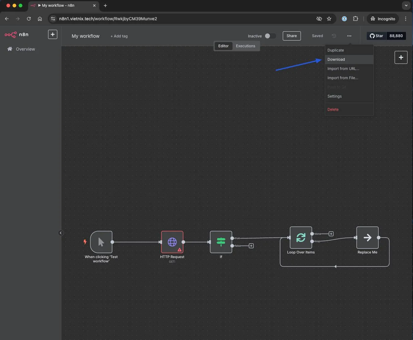Hướng dẫn nhanh cách Import/Export dữ liệu Workflow trên n8n 10 Export workflow