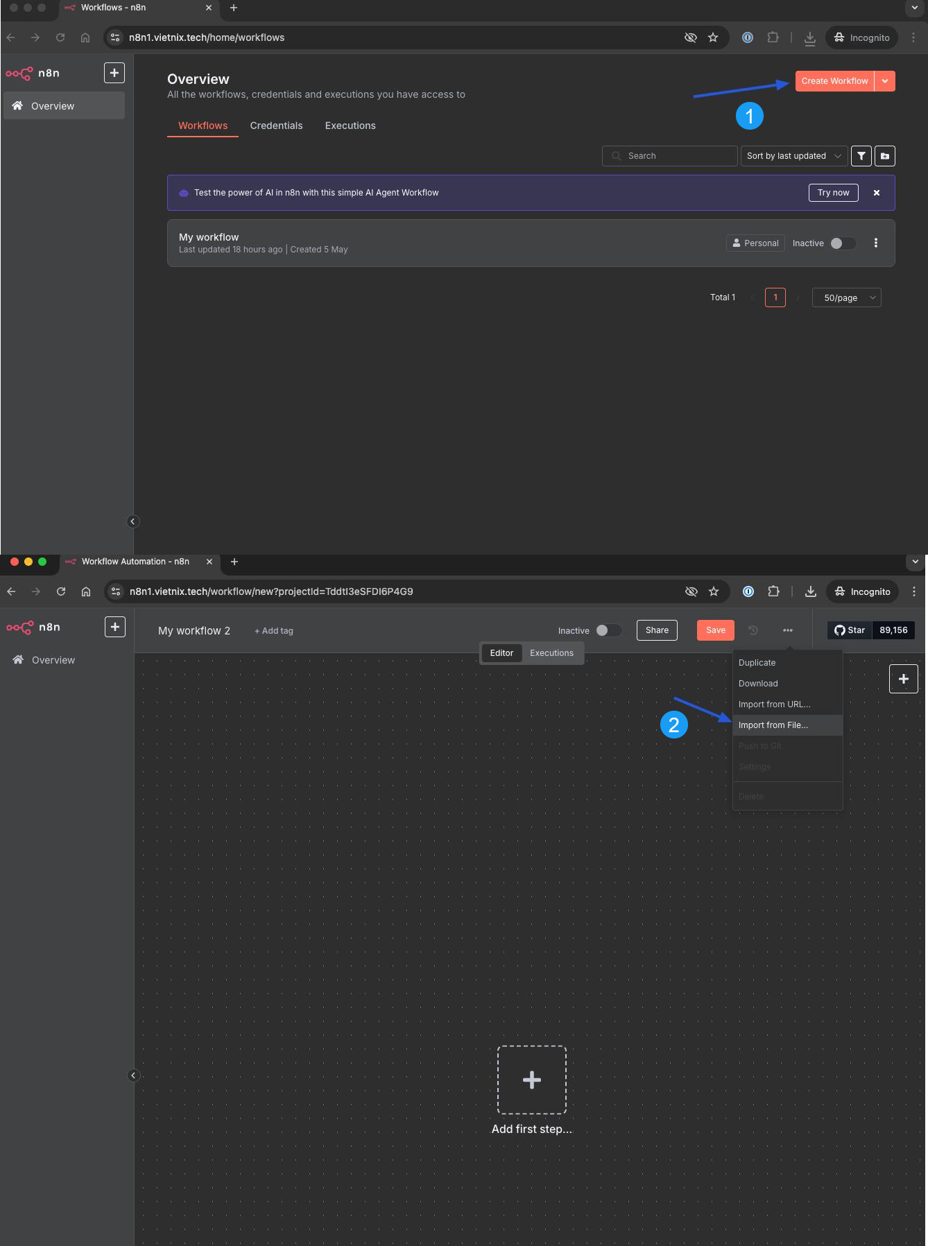 Hướng dẫn nhanh cách Import/Export dữ liệu Workflow trên n8n 11 Import workflow từ file