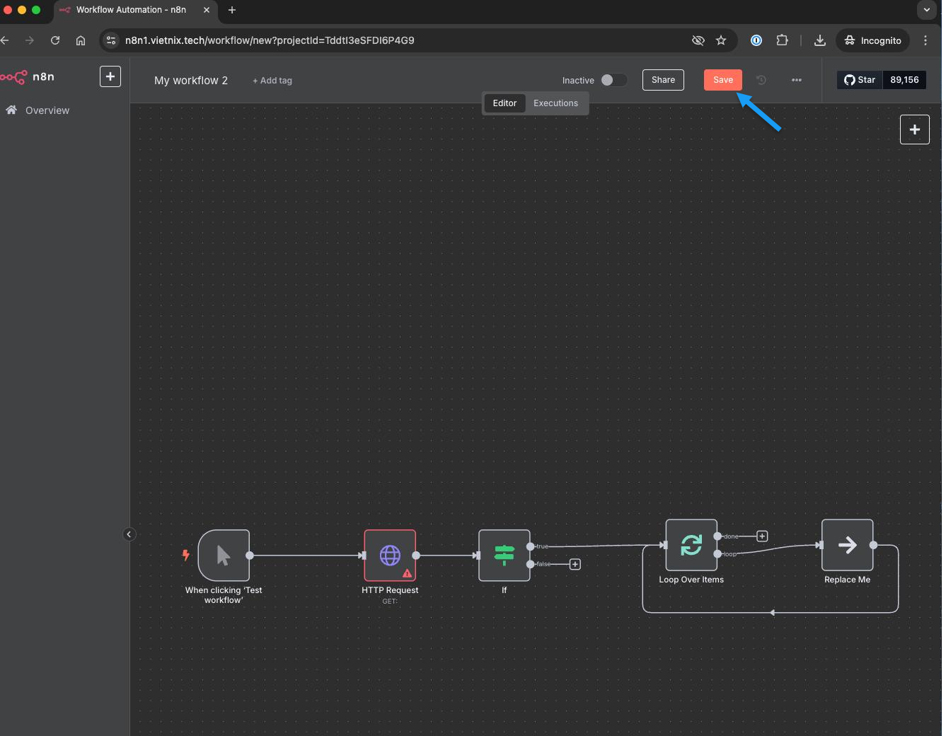Hướng dẫn nhanh cách Import/Export dữ liệu Workflow trên n8n 12 Chỉnh sửa và lưu Workflow mới