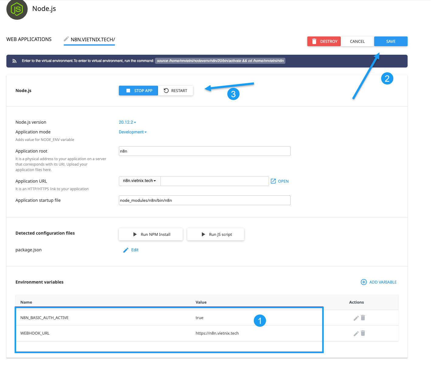Hướng dẫn cài đặt n8n trên Hosting cPanel dễ dàng và chi tiết nhất 33 Restart lại ứng dụng để thêm biến