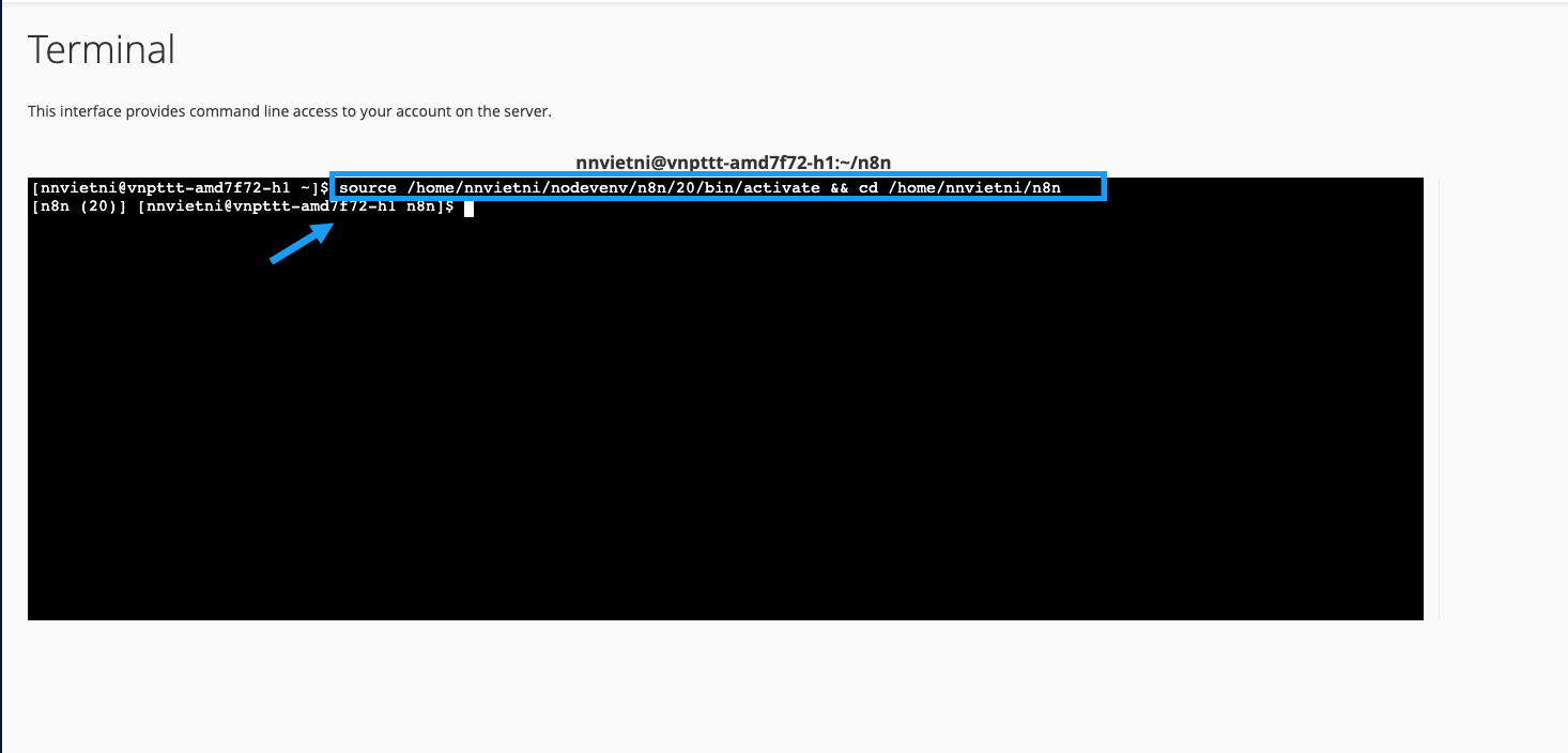 Hướng dẫn cài đặt n8n trên Hosting cPanel dễ dàng và chi tiết nhất 28 Dán dòng lệnh đã sao chép