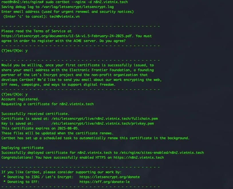 fig: Khởi động lại Nginx và chạy Certbot