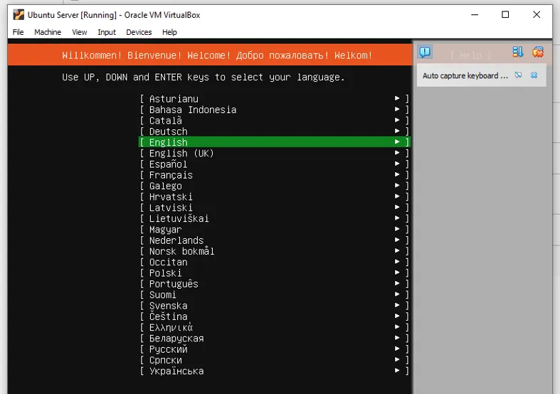 Cách cài đặt Ubuntu Server trên VirtualBox đơn giản cho người mới 34 Chọn ngôn ngữ English - Nguồn: Internet