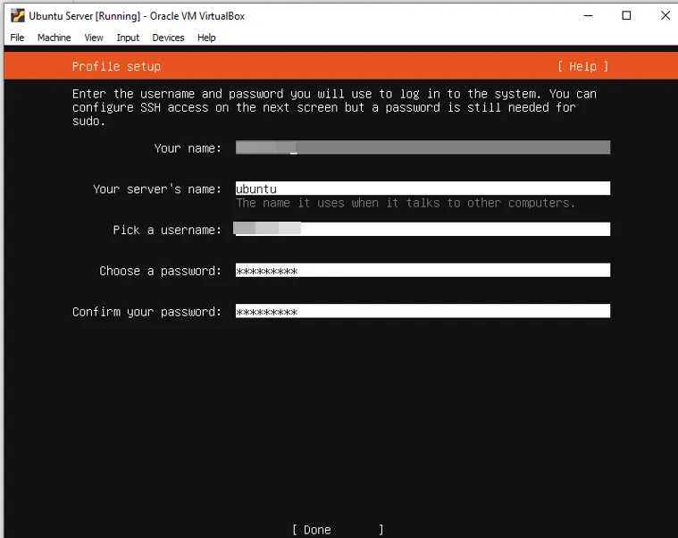 Cách cài đặt Ubuntu Server trên VirtualBox đơn giản cho người mới 39 Tạo "Name", "Server Name" và "Password" cho người dùng quản trị - Nguồn: Internet