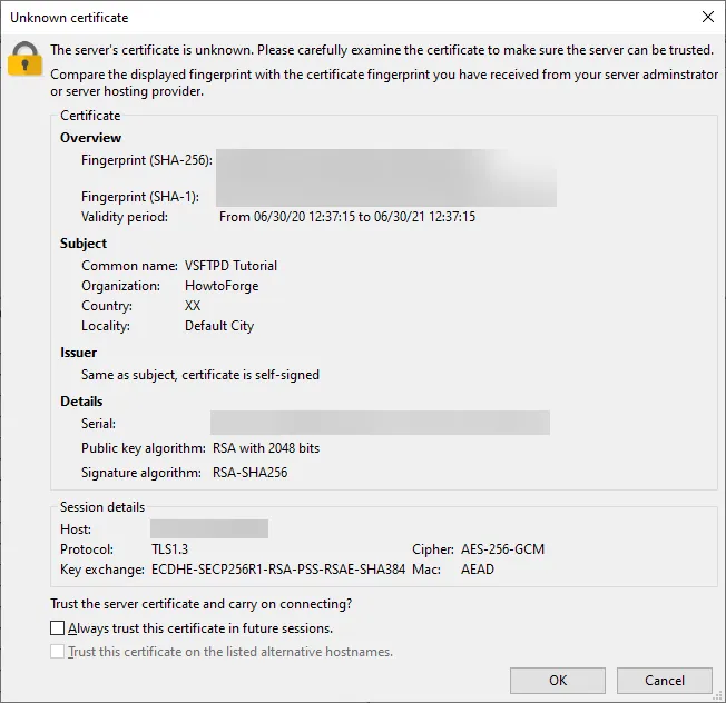 Cách thiết lập vsftpd để cài FTP Server trên Ubuntu 20.04 9 Chọn Always trust this certificate in future sessions - Nguồn: Internet