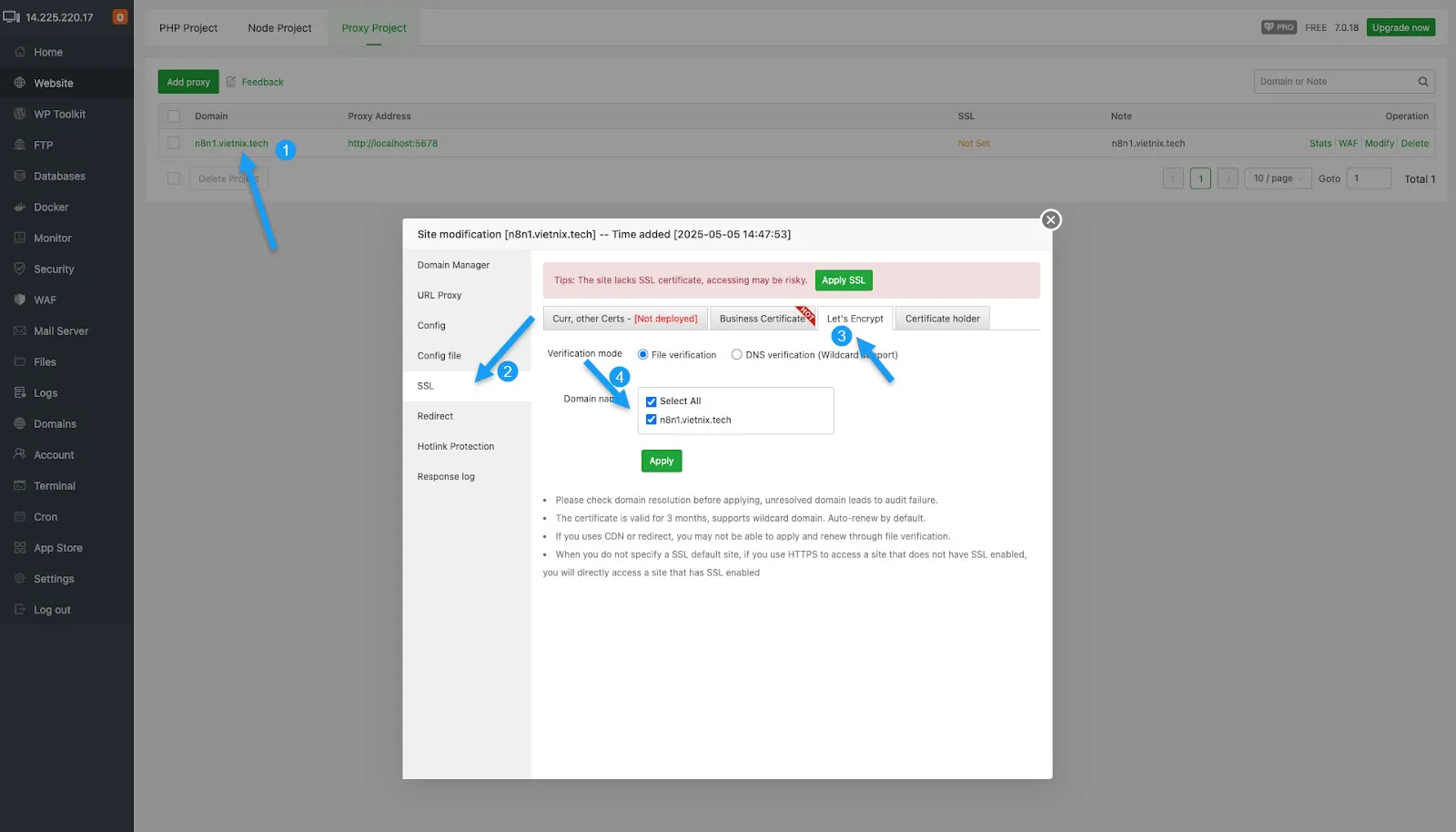 Cách cài đặt n8n trên aaPanel dễ dàng và nhanh chóng 31 Cài đặt SSL free