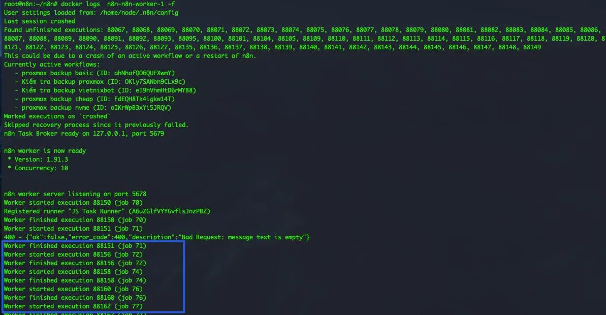 Cách cấu hình n8n Queue Mode ở Docker (Chế độ Hàng đợi) 12 Kiểm tra worker để cấu hình queue mode n8n trên VPS