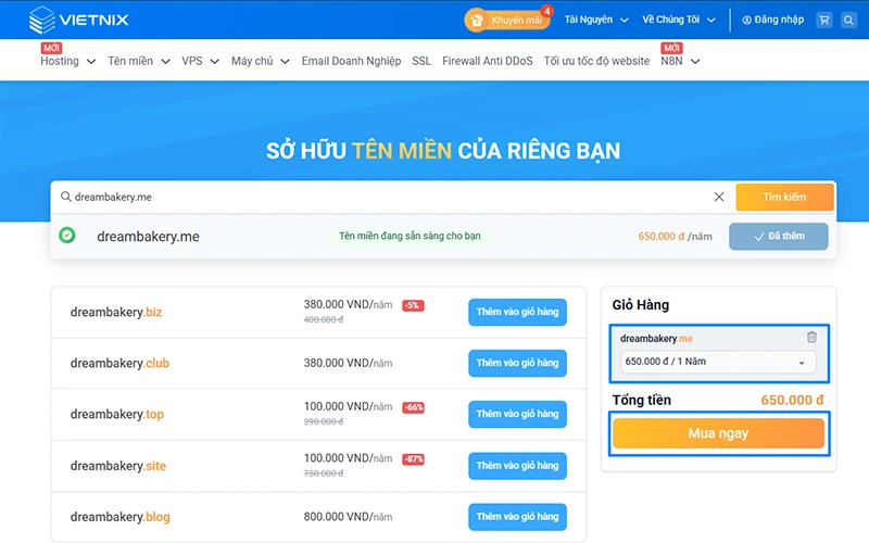 Tên miền .me là gì? Cách đăng ký tên miền .me dễ dàng 46 Giỏ hàng xem trước đăng ký tên miền tại Vietnix