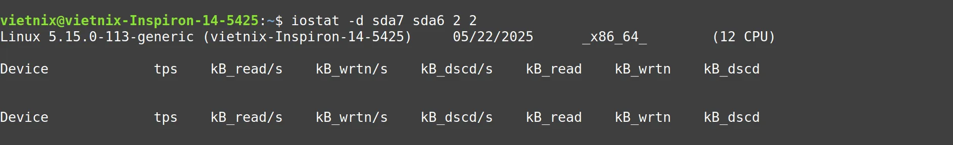 Cách dùng lệnh iostat Linux và các ví dụ cụ thể 27 iostat -d sda7 sda6 2 2: Chỉ định thiết bị cần theo dõi