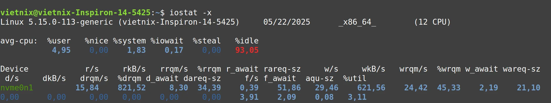 Cách dùng lệnh iostat Linux và các ví dụ cụ thể 19 iostat -x: Hiển thị thống kê I/O mở rộng