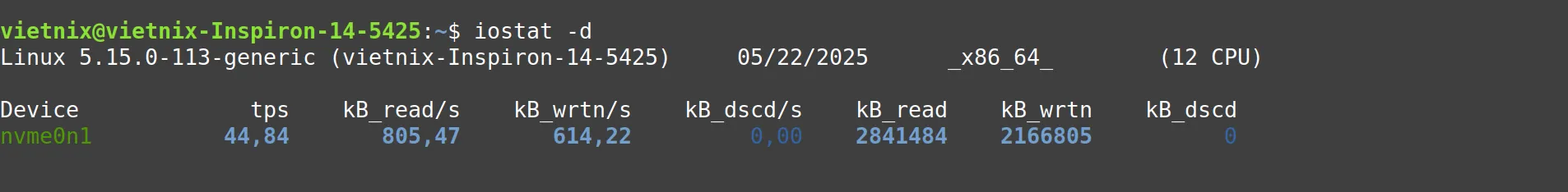 Cách dùng lệnh iostat Linux và các ví dụ cụ thể 21 iostat -d: Chỉ hiển thị thống kê thiết bị I/O