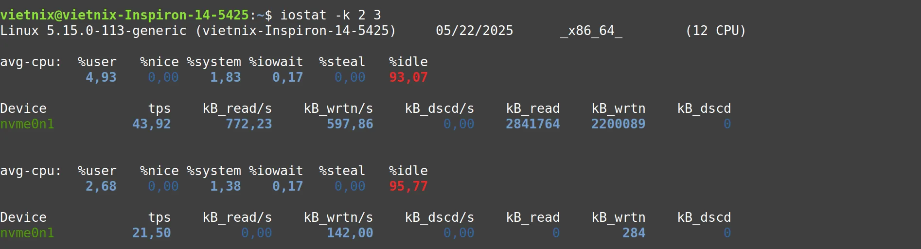 Cách dùng lệnh iostat Linux và các ví dụ cụ thể 25 iostat -k 2 3: Thống kê theo thời gian