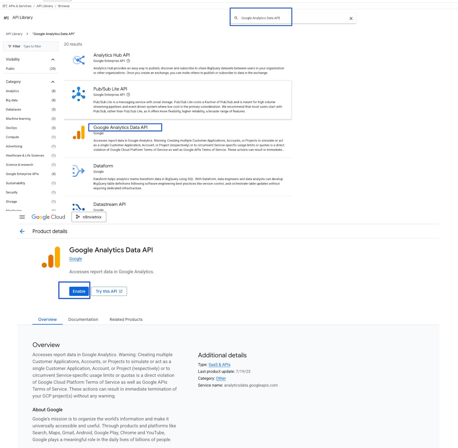 Hướng dẫn kết nối Google Analytics API với n8n chi tiết và nhanh nhất 17 Nhấn ENABLE để kích hoạt