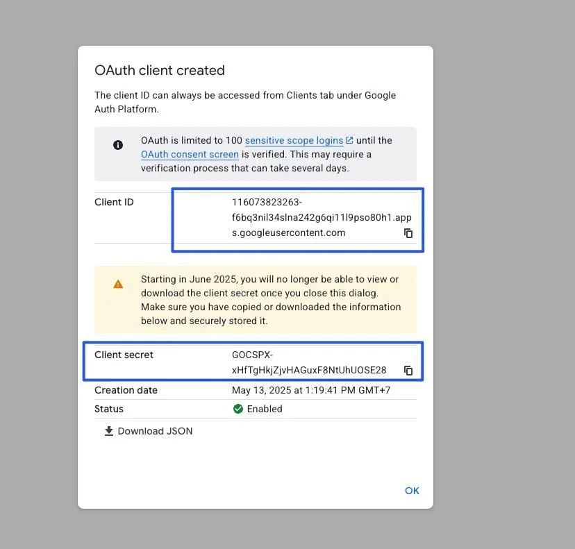 Hướng dẫn kết nối Google Analytics API với n8n chi tiết và nhanh nhất 20 Sao chép và lưu lại Your Client ID và Your Client Secret