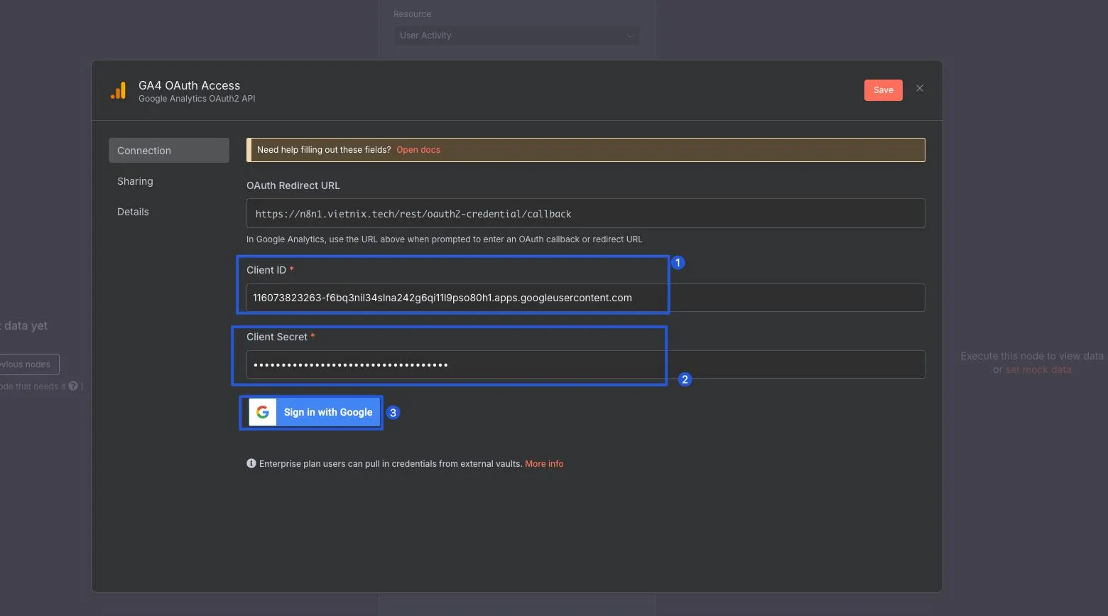Hướng dẫn kết nối Google Analytics API với n8n chi tiết và nhanh nhất 22 Nhấn nút Sign in with Google