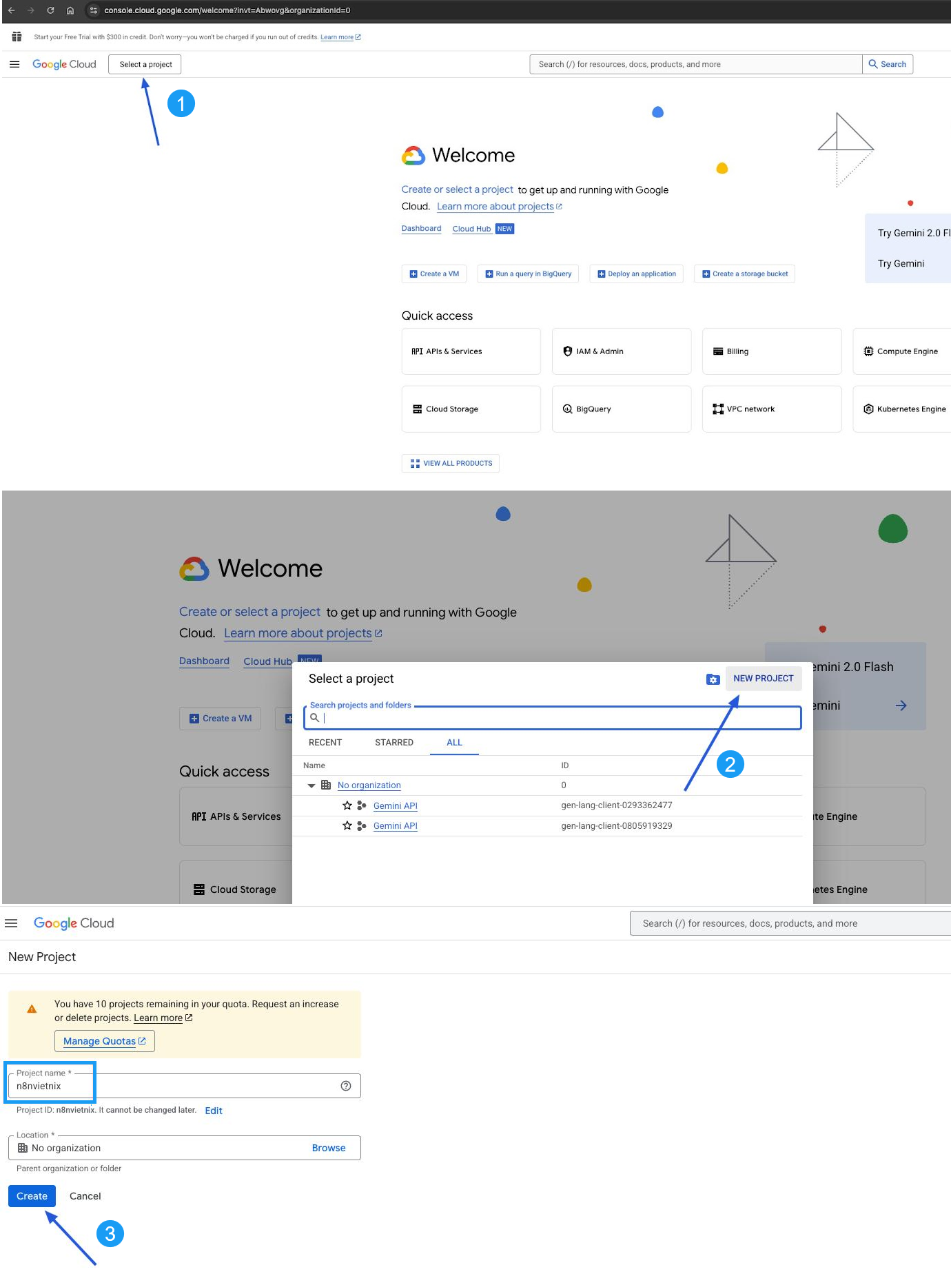 Hướng dẫn từng bước: Kết nối n8n đến Google Cloud APIs (OAuth 2.0) 24 Tạo dự án mới trước khi kết nối n8n đến Google Cloud APIs