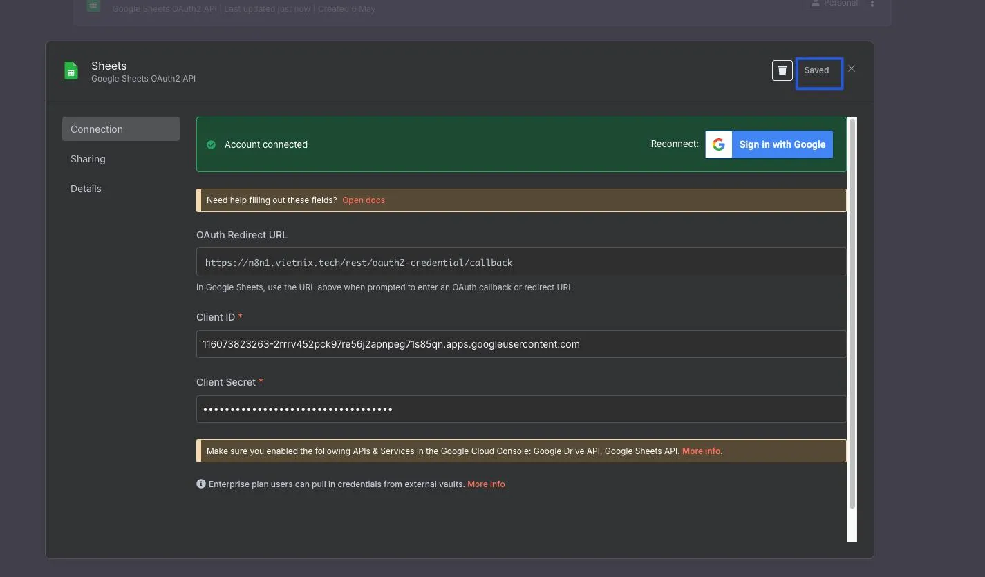 Hướng dẫn từng bước: Kết nối n8n đến Google Cloud APIs (OAuth 2.0) 39 Lưu Credential trong n8n