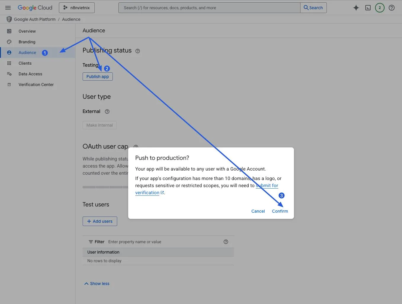 Hướng dẫn từng bước: Kết nối n8n đến Google Cloud APIs (OAuth 2.0) 32 Chọn Confirm