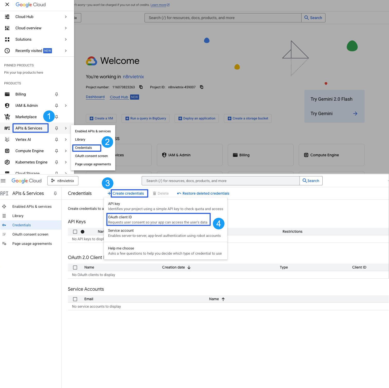 Hướng dẫn từng bước: Kết nối n8n đến Google Cloud APIs (OAuth 2.0) 33 Tạo Credentials