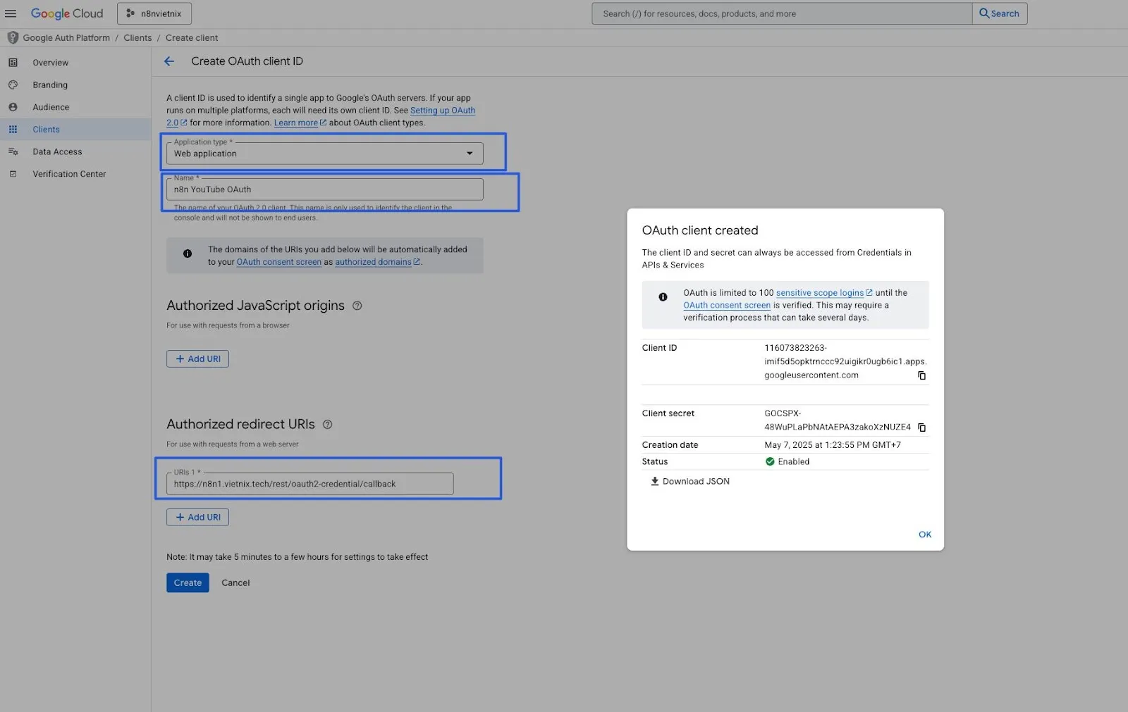 YouTube: Kết nối và tự động hóa với n8n nhanh chóng và hiệu quả 22 Sao chép và lưu trữ Your Client ID và Your Client Secret