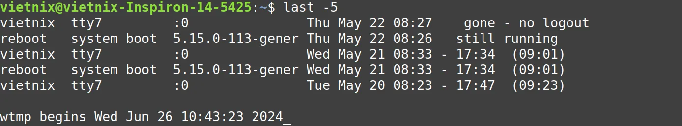 Tìm hiểu chi tiết về lệnh last Linux cho người mới 10 Hiển thị số lượng phiên đăng nhập nhất định với lệnh last Linux