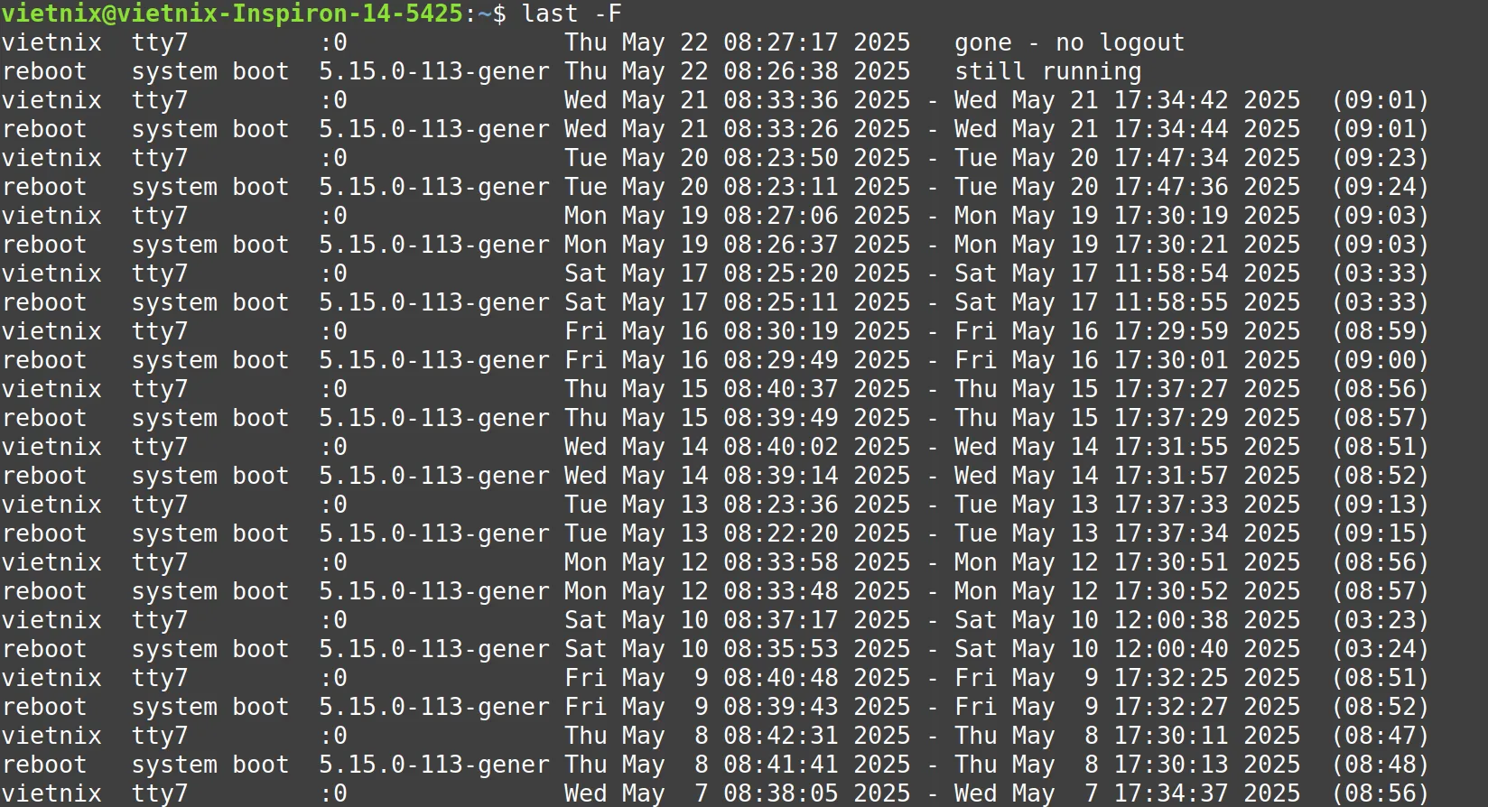 Tìm hiểu chi tiết về lệnh last Linux cho người mới 11 Hiển thị thời gian đăng nhập và đăng xuất kèm ngày tháng với lệnh last Linux