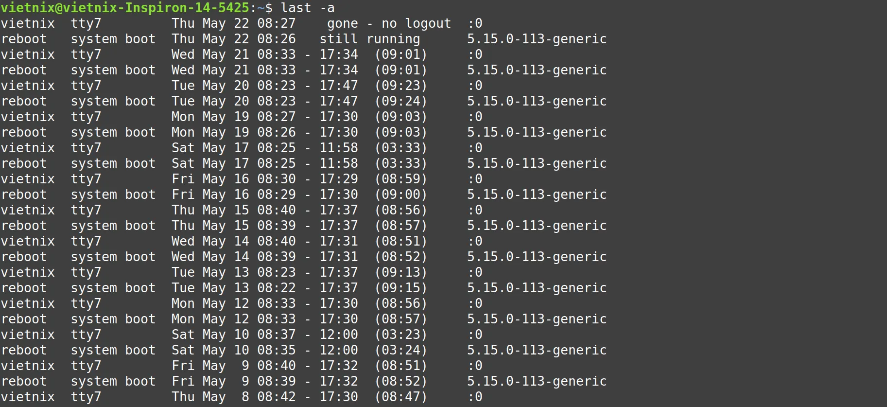 Tìm hiểu chi tiết về lệnh last Linux cho người mới 12 Hiển thị hostname ở cột cuối cùng với lệnh last Linux