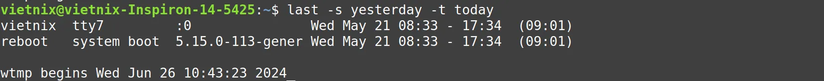Tìm hiểu chi tiết về lệnh last Linux cho người mới 13 Lọc kết quả theo khoảng thời gian cụ thể với lệnh last Linux