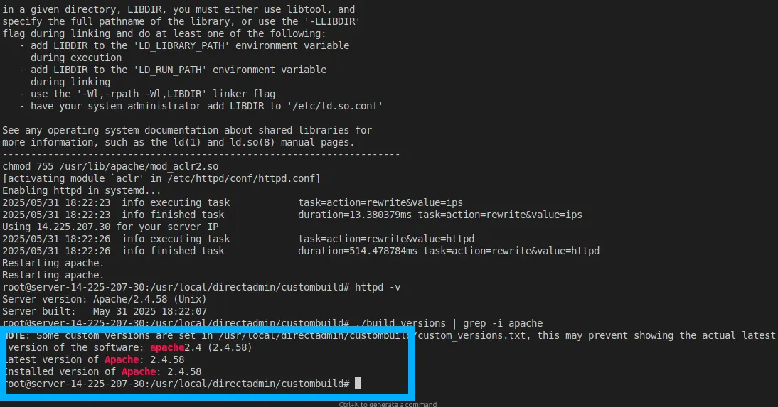 Hướng dẫn cách hạ cấp phần mềm trên DirectAdmin nhanh chóng 13 Apache đã về phiên bản 2.4.58 thành công