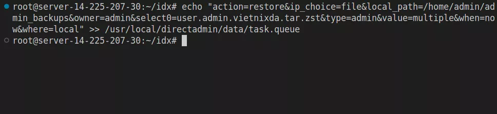 Hướng dẫn backup DirectAdmin với Command Line 31 Thực hiện restore dữ liệu đã backup cho user vietnixda