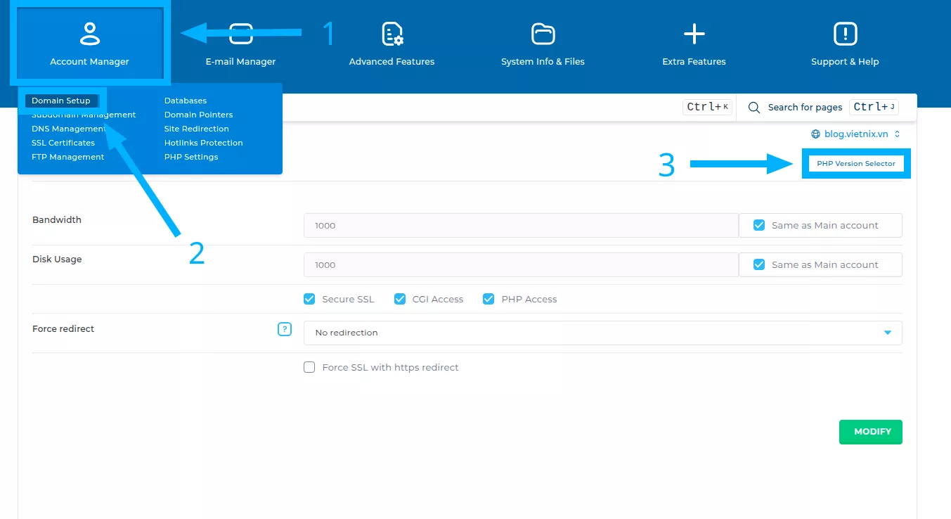Hướng dẫn cài đặt nhiều phiên bản PHP DirectAdmin 26 Truy cập chỉ định phiên bản PHP cho từng domain trong DirectAdmin