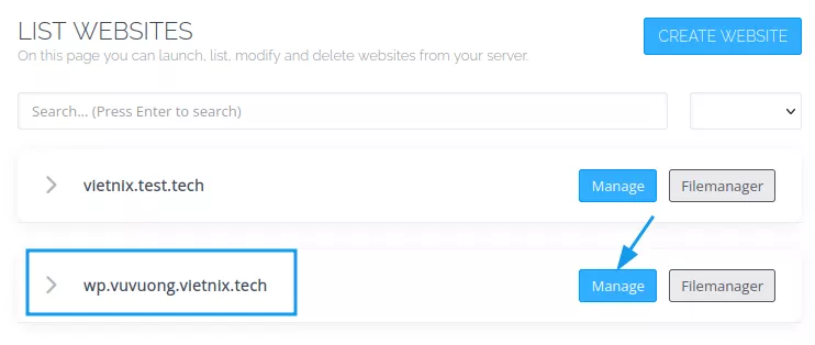 Hướng dẫn cài đặt SSL trên CyberPanel miễn phí 15 Chọn Manage tại website cần cài đặt SSL trên CyberPanel
