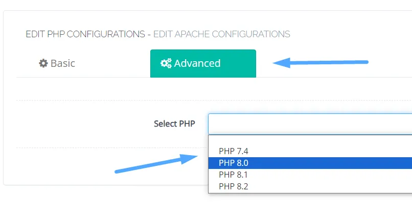Cách tăng giới hạn upload/import phpMyAdmin trong CyberPanel 15 Chọn phiên bản PHP