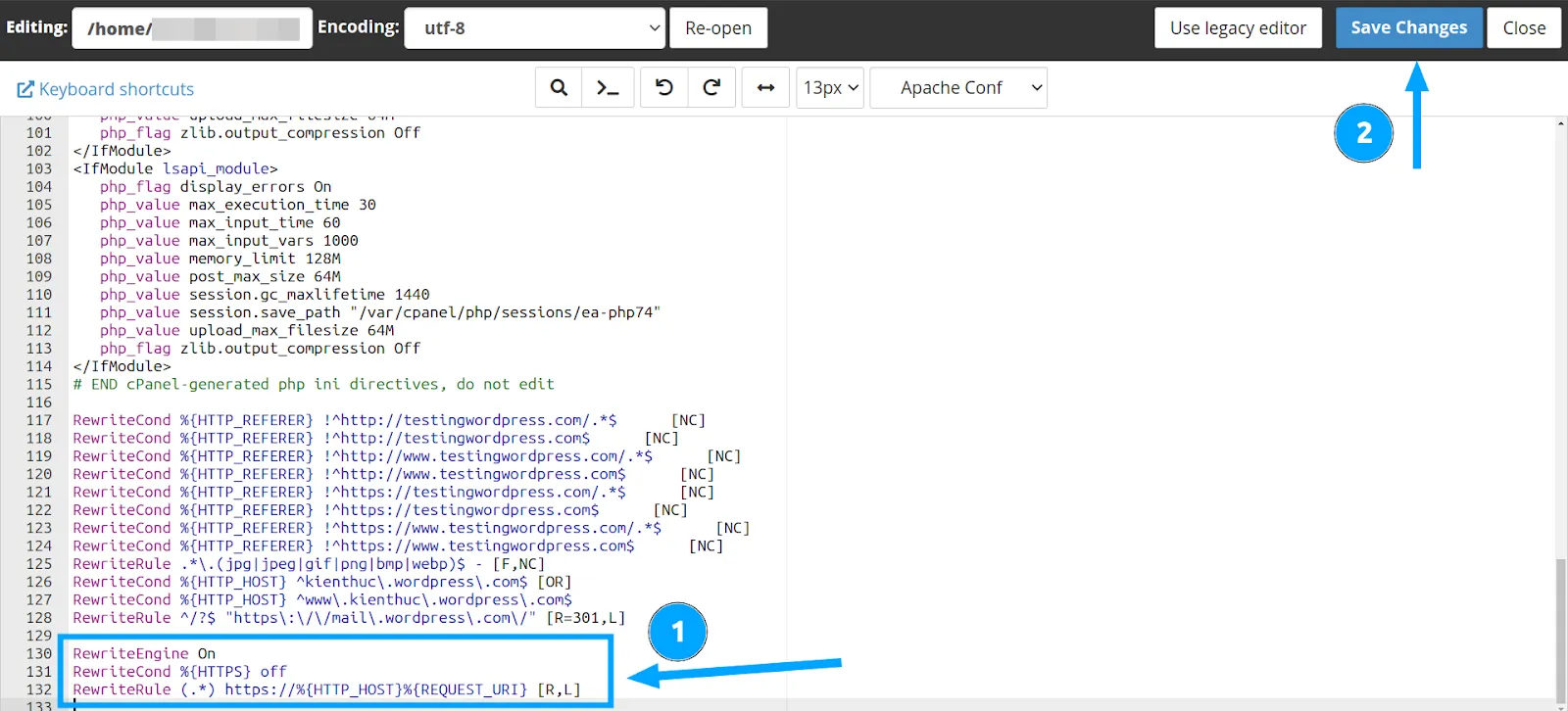 3 cách redirect domain cũ sang domain mới không ảnh hưởng đến thứ hạng SEO 41 Thêm đoạn code và lưu lại