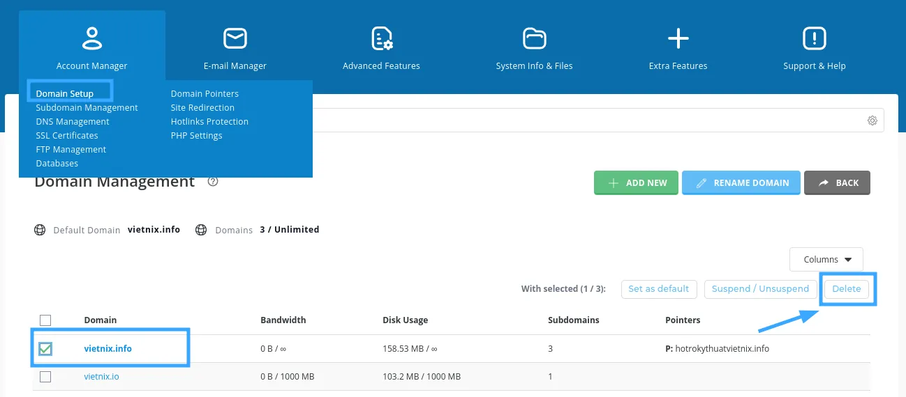 2 cách chuyển tên miền từ User này sang User khác trên DirectAdmin 18 Xoá tên miền