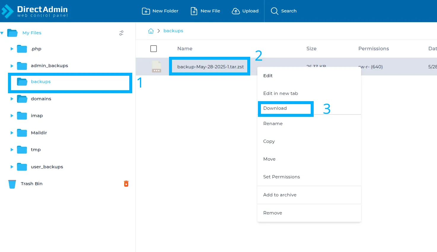 2 cách chuyển tên miền từ User này sang User khác trên DirectAdmin 20 Tải file backup