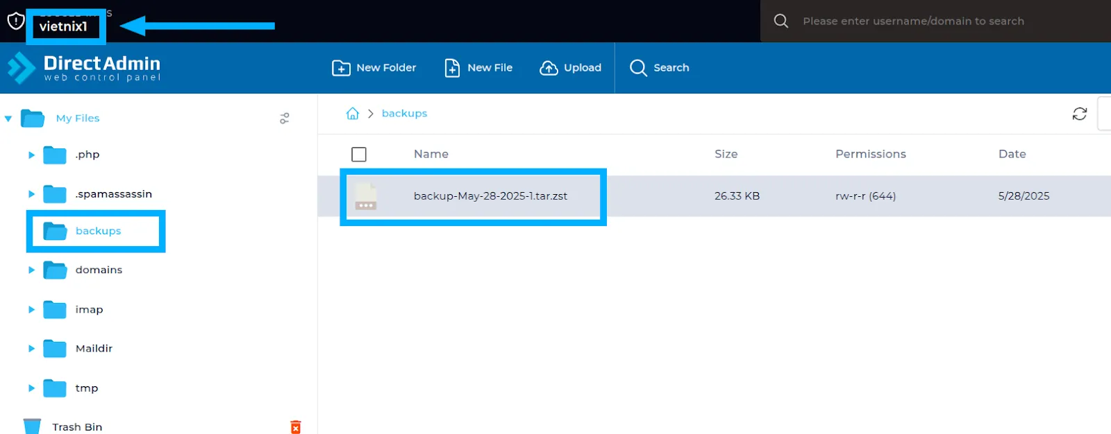 2 cách chuyển tên miền từ User này sang User khác trên DirectAdmin 21 Upload file backup