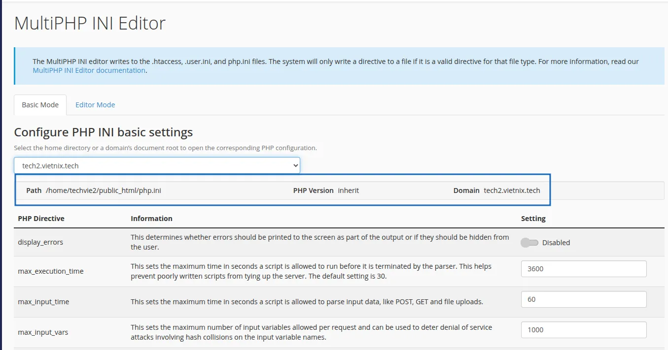 Hướng dẫn cách sử dụng MultiPHP INI Editor trên cPanel 21 Dòng PHP Version inherit bên cạnh tên miền