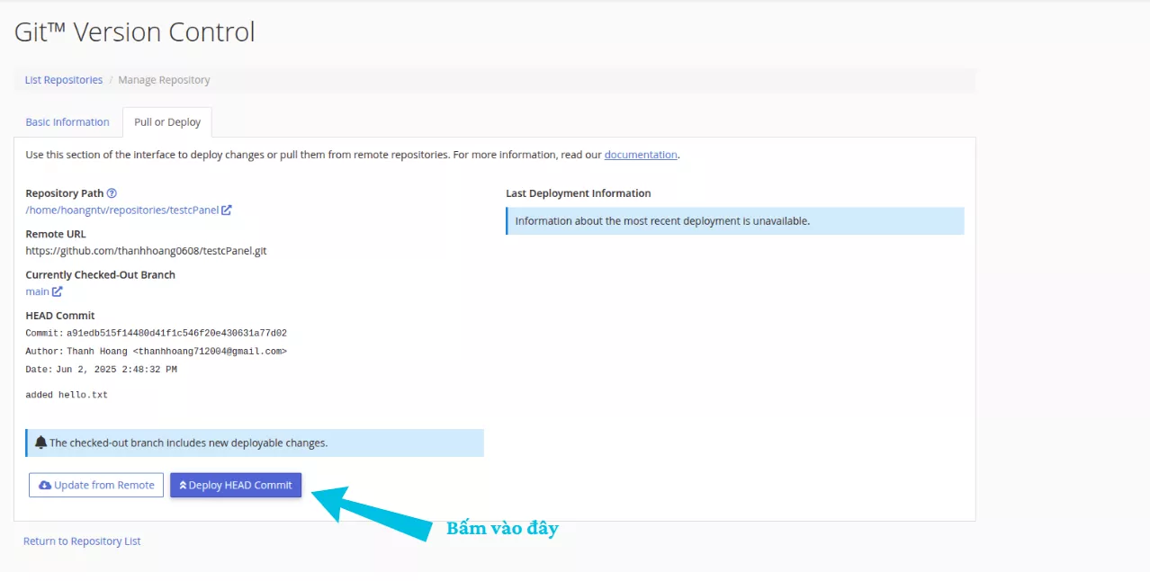 Hướng dẫn sử dụng Git Version Control trên cPanel 33 Nhấp vào Deploy HEAD Commit