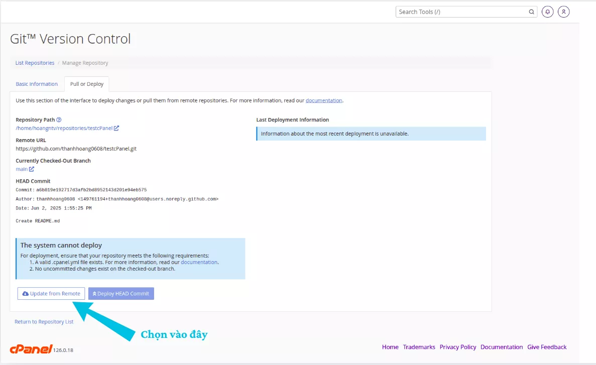Hướng dẫn sử dụng Git Version Control trên cPanel 25 Chọn Update from Remote
