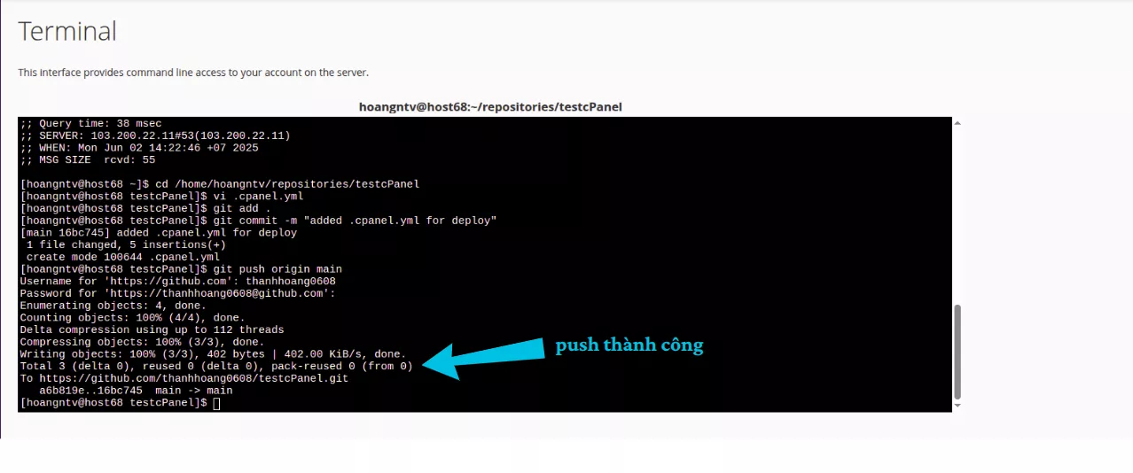 Hướng dẫn sử dụng Git Version Control trên cPanel 29 Push thành công