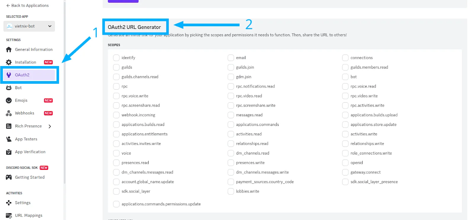 Tổng hợp nhà cung cấp, cho thuê Discord bot hosting miễn phí, an toàn, chất lượng 283 Chọn OAuth2 URL Generator
