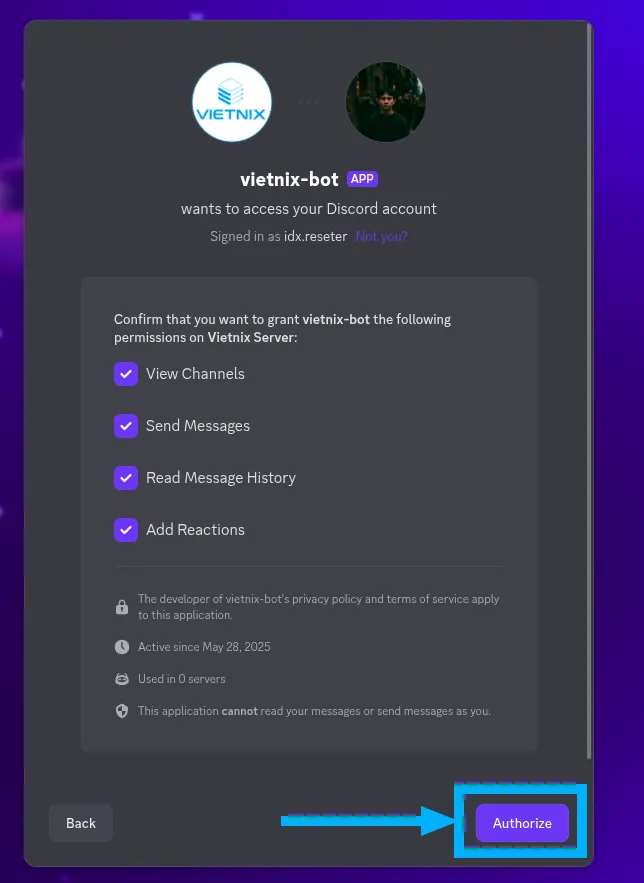 Tổng hợp nhà cung cấp, cho thuê Discord bot hosting miễn phí, an toàn, chất lượng 289 Chọn Authorize