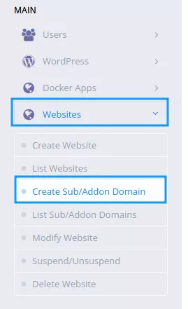 Hướng dẫn tạo subdomain trên CyberPanel trong 3 bước 15 Chọn Create Sub/Addon Domain