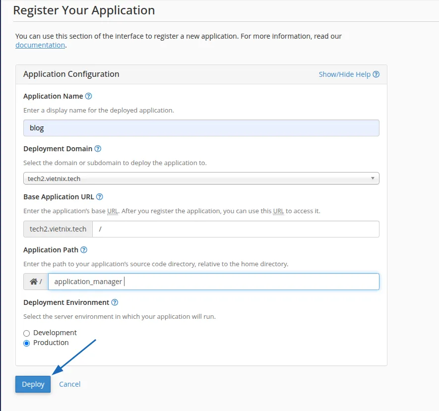 Hướng dẫn cách dùng Application Manager trên cPanel tạo website 21 Điền các thông tin yêu cầu