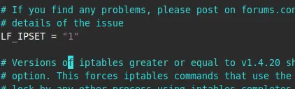 Khắc phục lỗi the VPS iptables rule limit (numiptent) is too low trong 3 bước 13 Thay LF_IPSET = "0" thành LF_IPSET = "1"